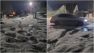 В Комсомольском поселке автомобили застревают среди снега и льда