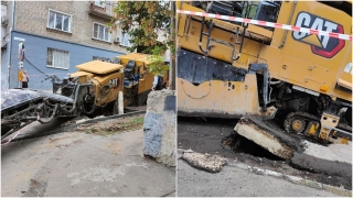 В центре Саратова под дорожной фрезой провалился асфальт